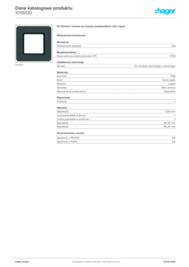 Zdjęcie Hager Karta katalogowa 10116130 | Hager Polska
