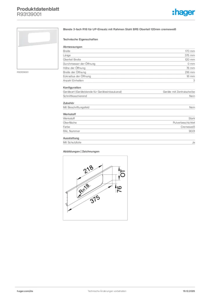 Bild Hager Produktdatenblatt R93139001 | Hager Deutschland