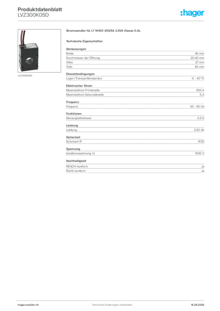 Bild Hager Produktdatenblatt LVZ300K05D | Hager Schweiz