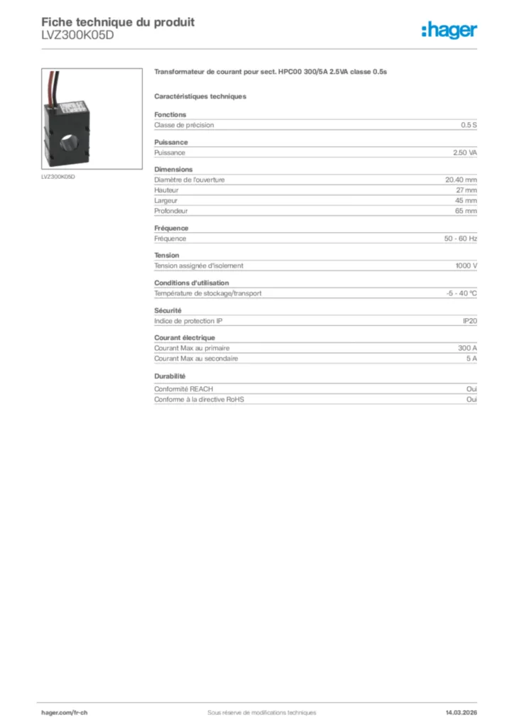 Image Hager Fiche technique du produit LVZ300K05D | Hager Suisse