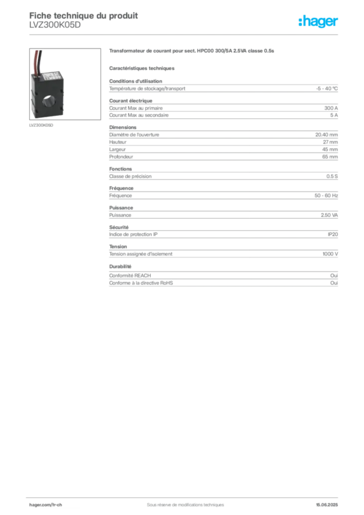 Image Hager Fiche technique du produit LVZ300K05D | Hager Suisse