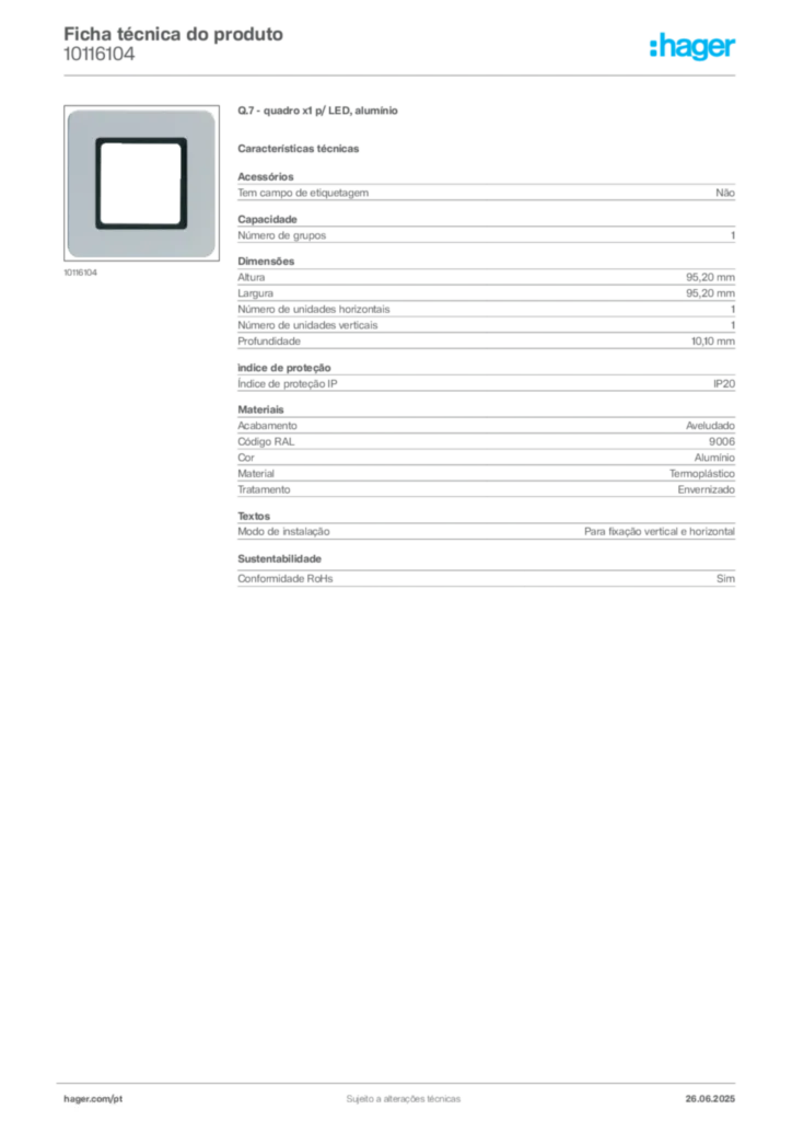 Imagem Hager Ficha técnica do produto 10116104 | Hager Portugal