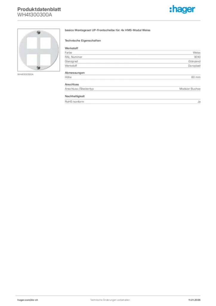 Bild Hager Produktdatenblatt WH41300300A | Hager Schweiz