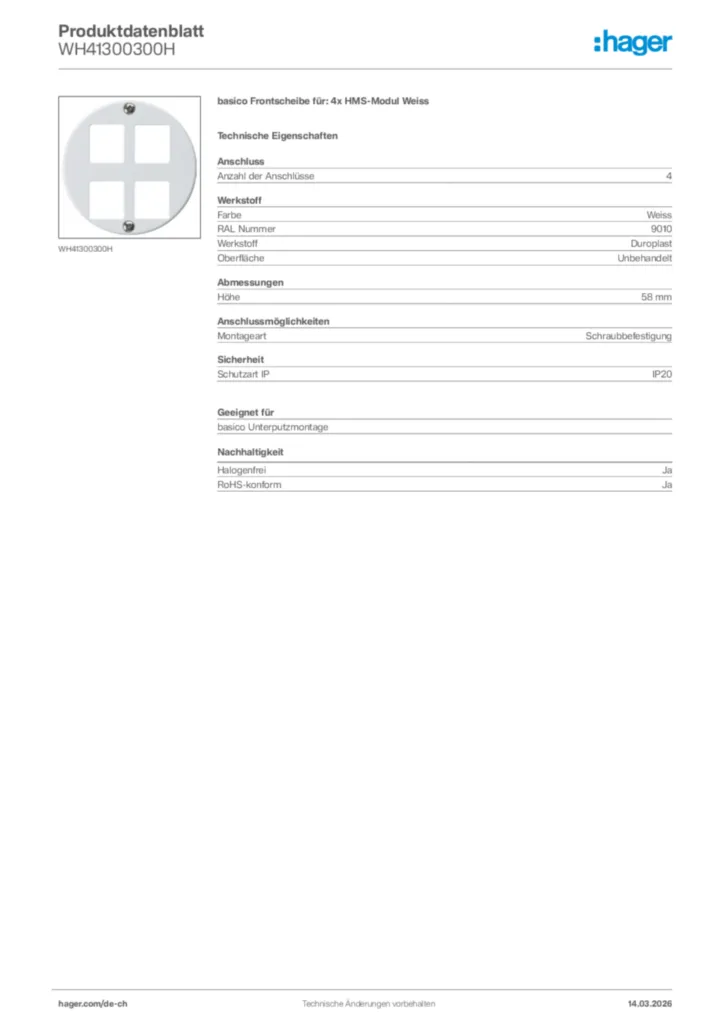 Bild Hager Produktdatenblatt WH41300300H | Hager Schweiz