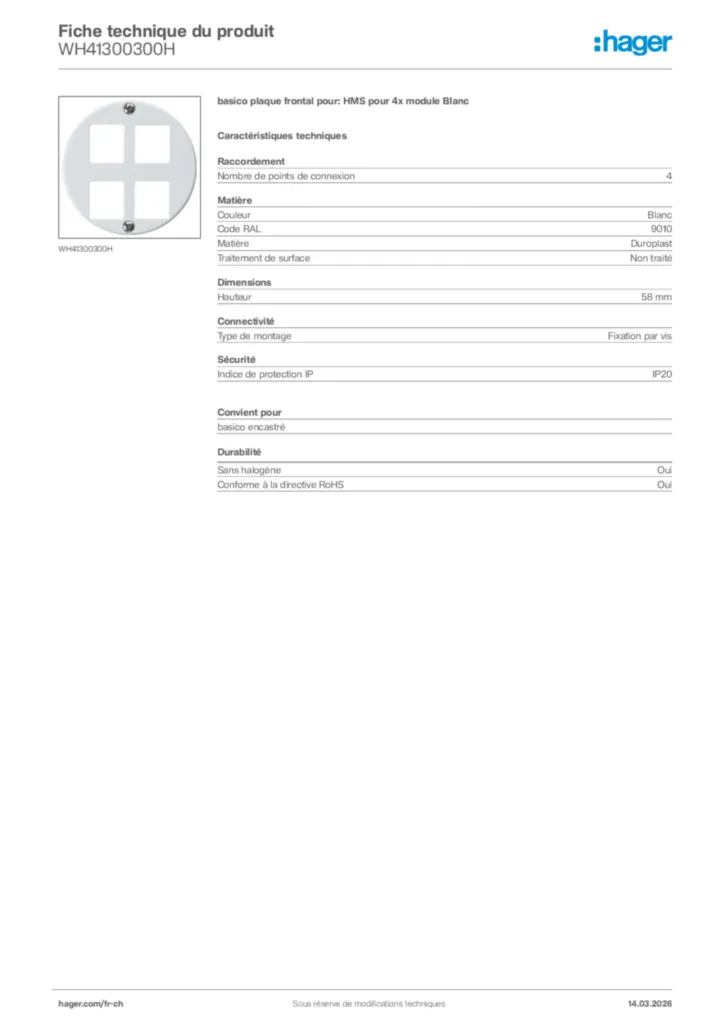 Image Hager Fiche technique du produit WH41300300H | Hager Suisse