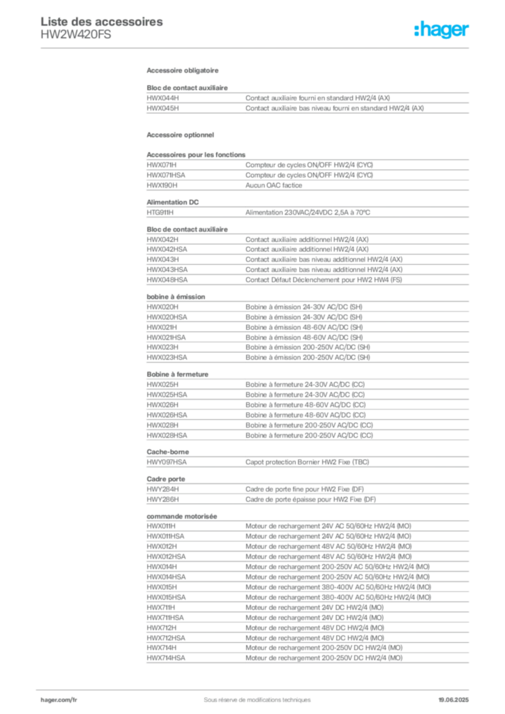 Image Hager Fiche technique du produit HW2W420FS | Hager France