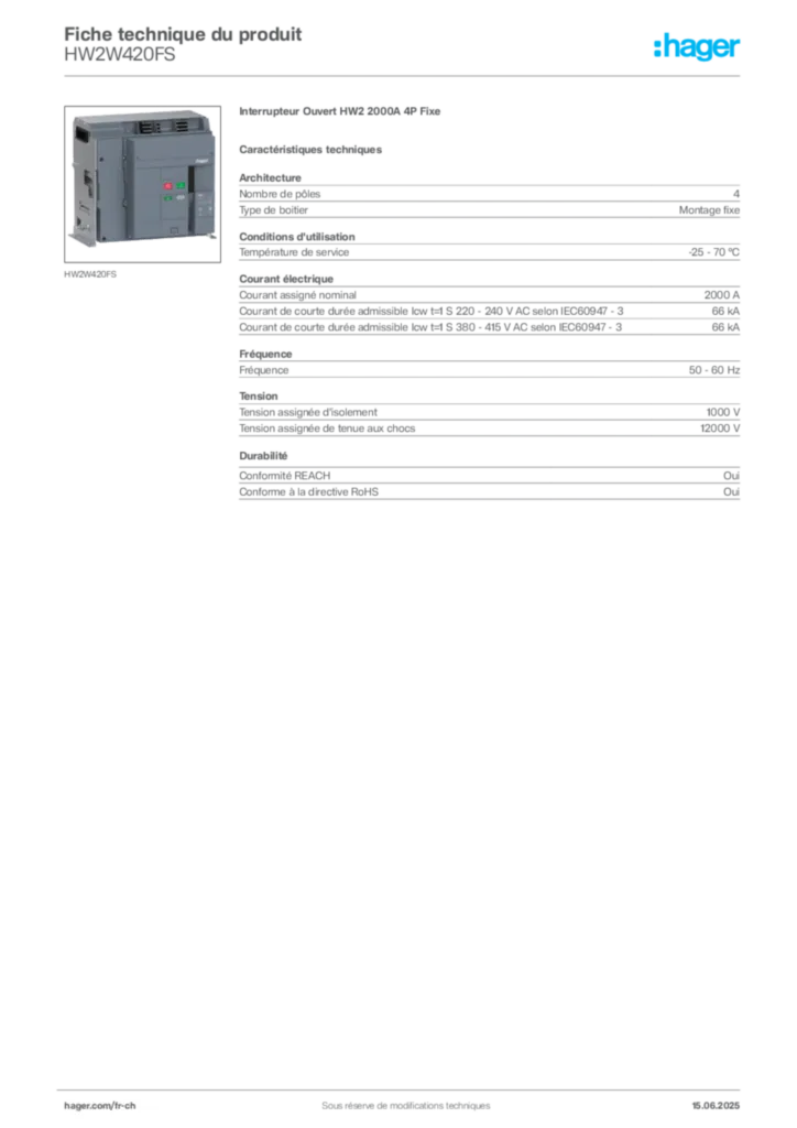 Image Hager Fiche technique du produit HW2W420FS | Hager Suisse
