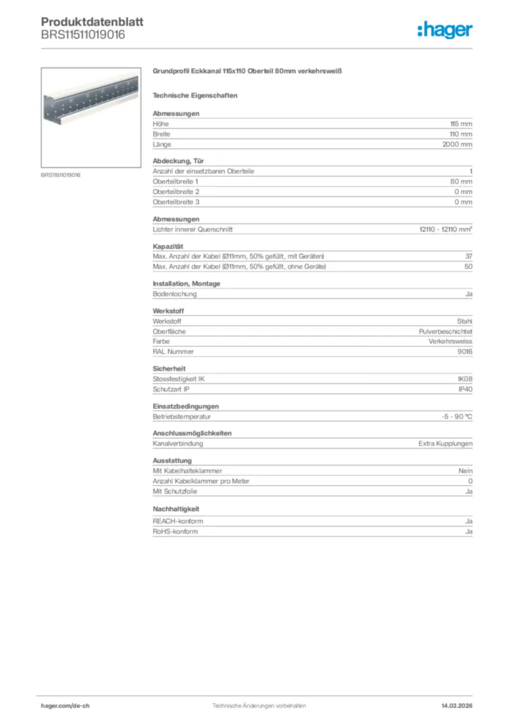 Bild Hager Produktdatenblatt BRS11511019016 | Hager Schweiz