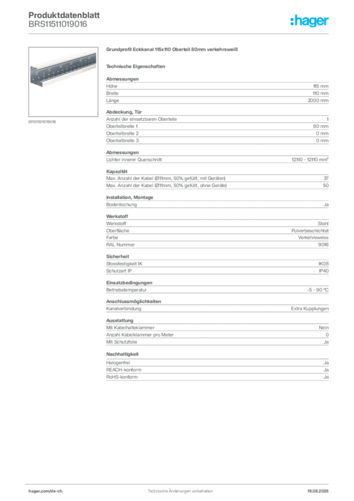 Bild Hager Produktdatenblatt BRS11511019016 | Hager Schweiz