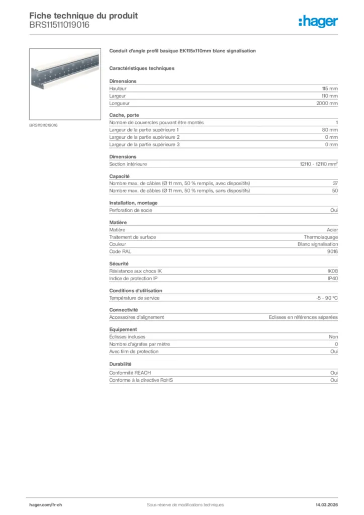 Image Hager Fiche technique du produit BRS11511019016 | Hager Suisse