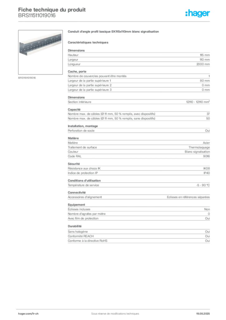 Image Hager Fiche technique du produit BRS11511019016 | Hager Suisse