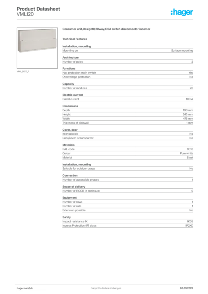 Image Hager Product data sheet VML120  | Hager