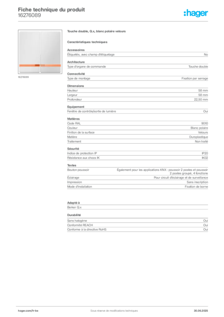 Image Hager Fiche technique du produit 16276089 | Hager Belgique