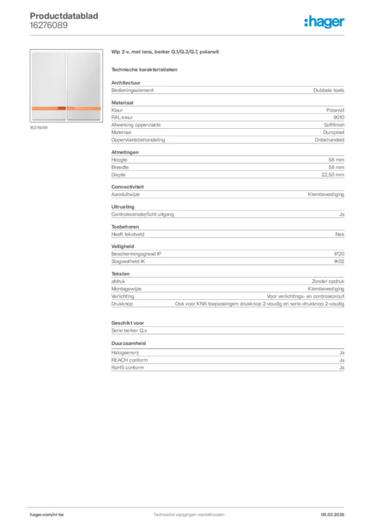 Afbeelding Hager Productdatablad 16276089 | Hager Belgium