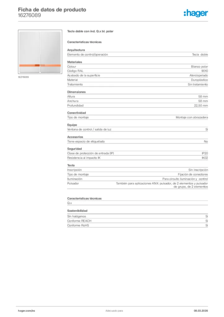 Imagen Hager Ficha de datos de producto 16276089 | Hager España