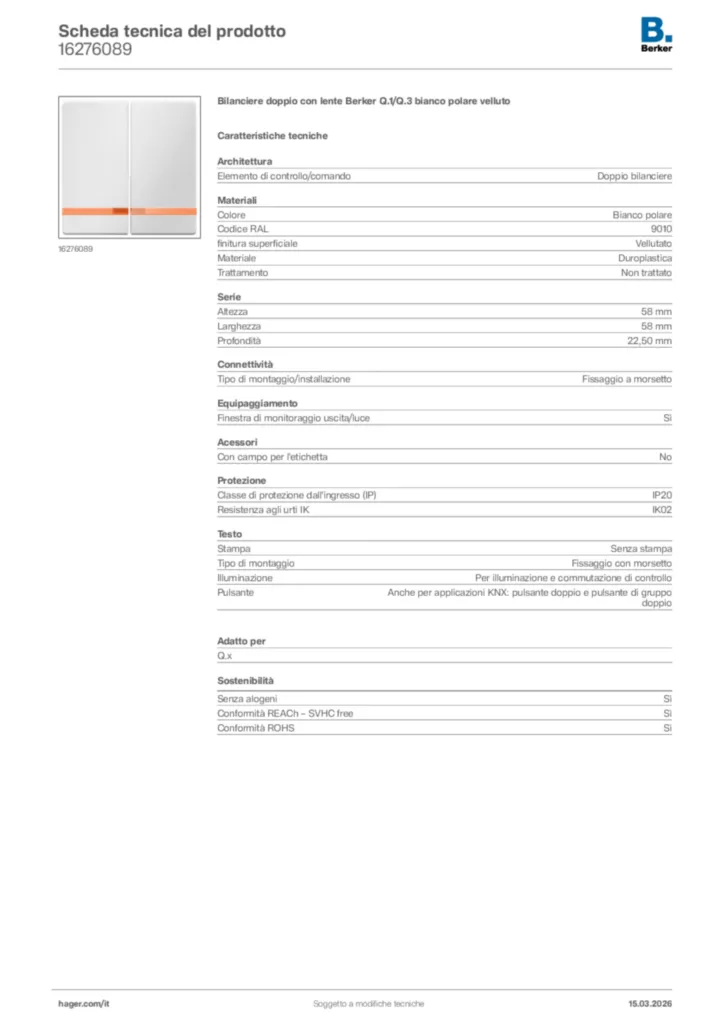 Immagine Berker Scheda tecnica del prodotto 16276089 | Hager Italia