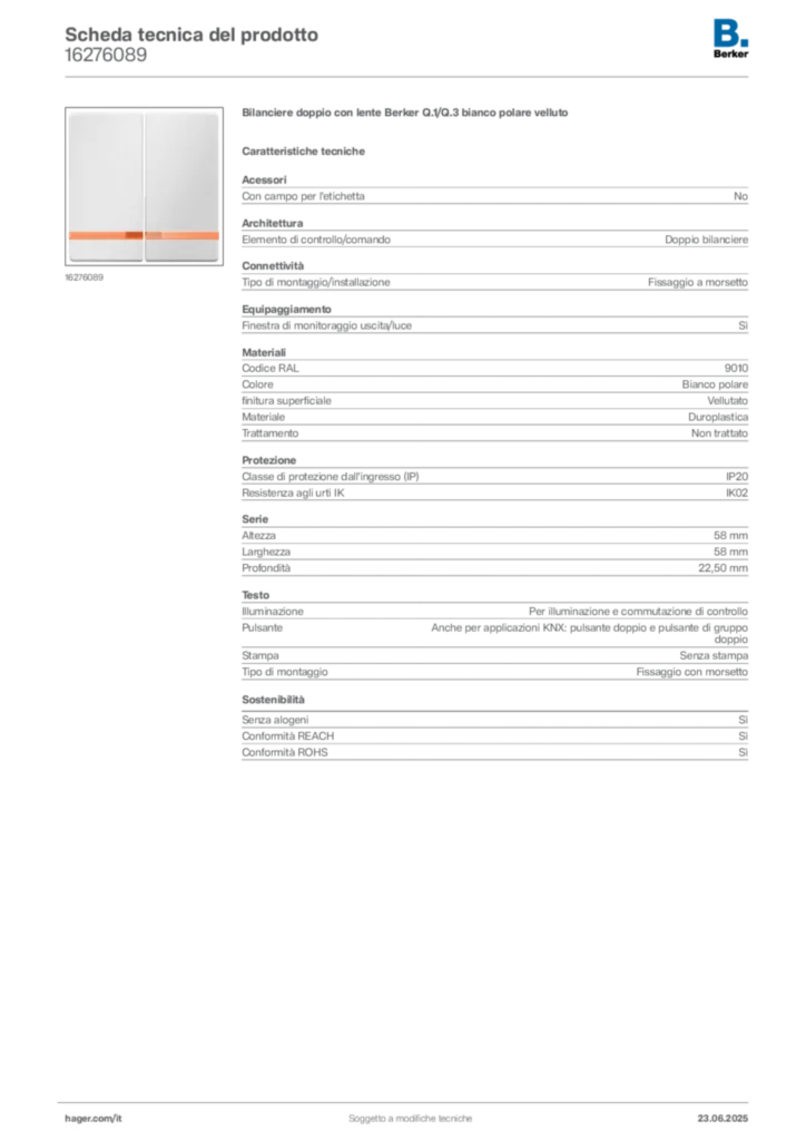 Immagine Berker Scheda tecnica del prodotto 16276089 | Hager Italia