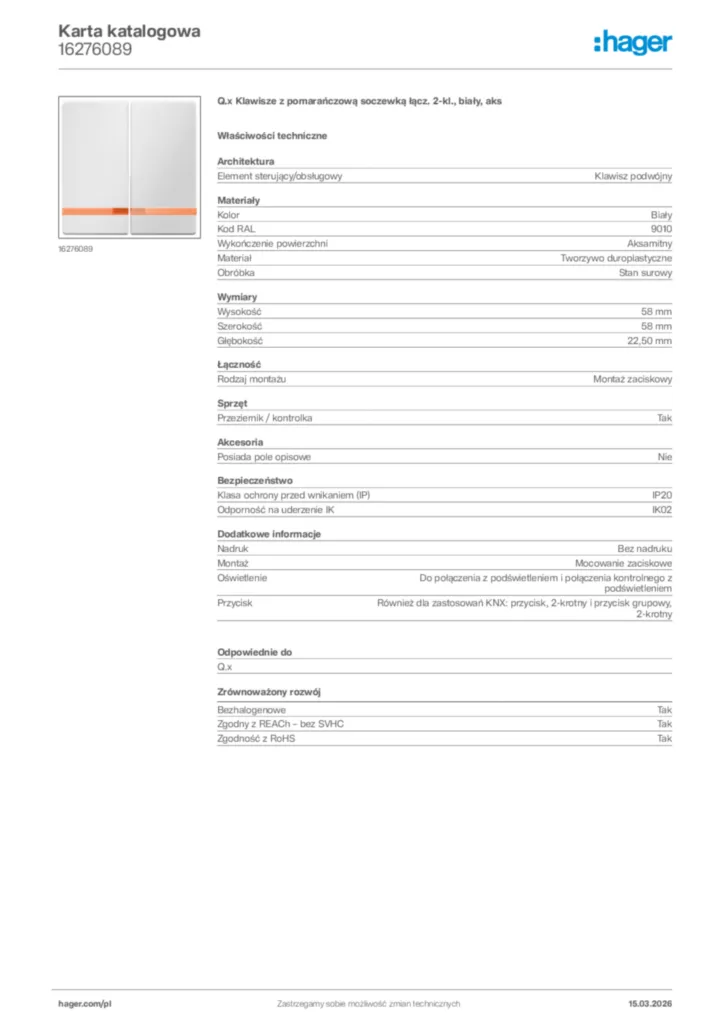 Zdjęcie Hager Karta katalogowa 16276089 | Hager Polska