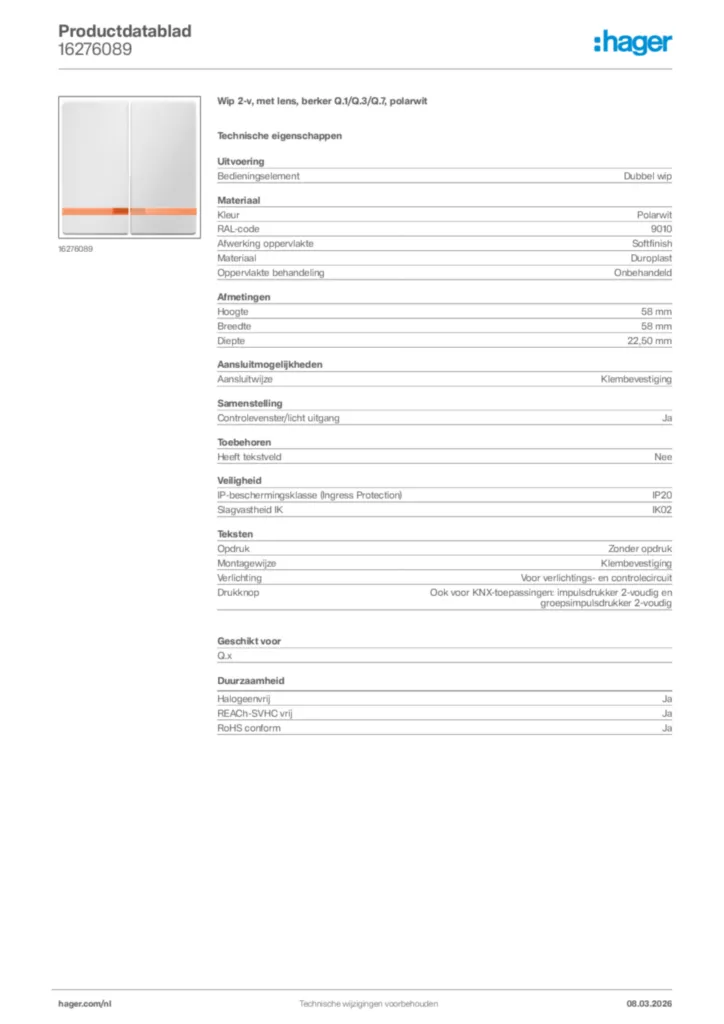 Afbeelding Hager Productdatablad 16276089 | Hager Nederland