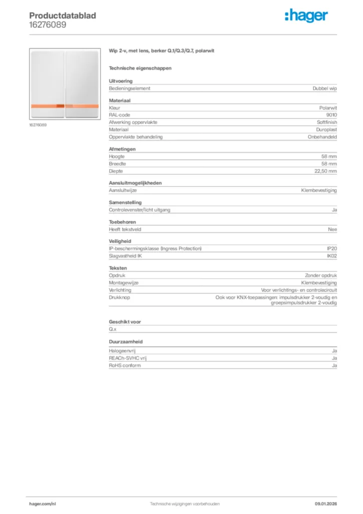 Afbeelding Hager Productdatablad 16276089 | Hager Nederland