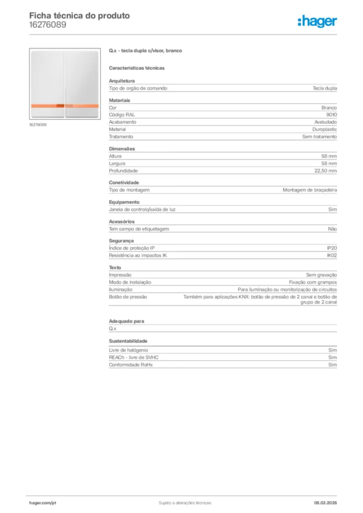 Imagem Hager Ficha técnica do produto 16276089 | Hager Portugal