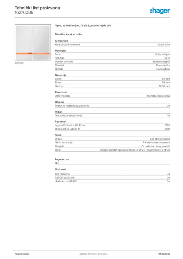 Slika Hager Tehnički list proizvoda 16276089  | Hager