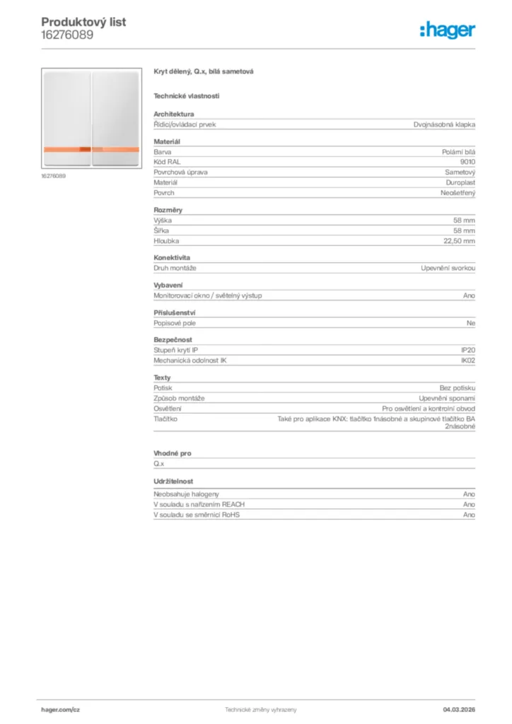 Obrázek Hager Product data sheet 16276089 | Hager