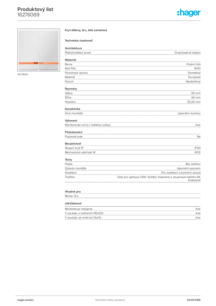 Obrázek Hager Produktový list 16276089 | Hager