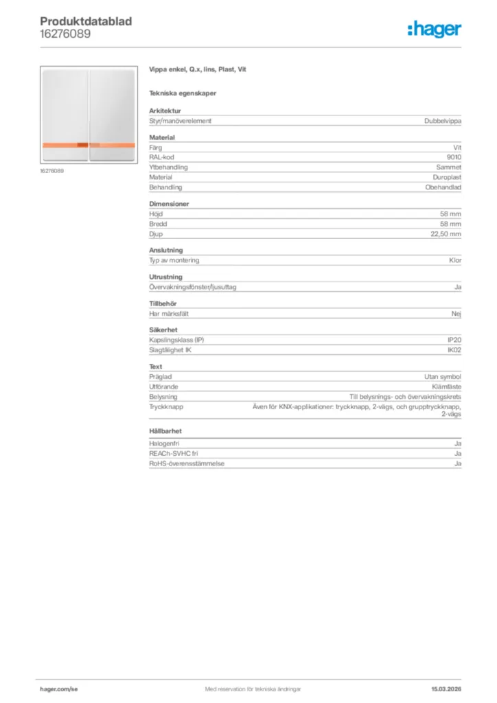 Bild Hager Produktdatablad 16276089 | Hager Sverige