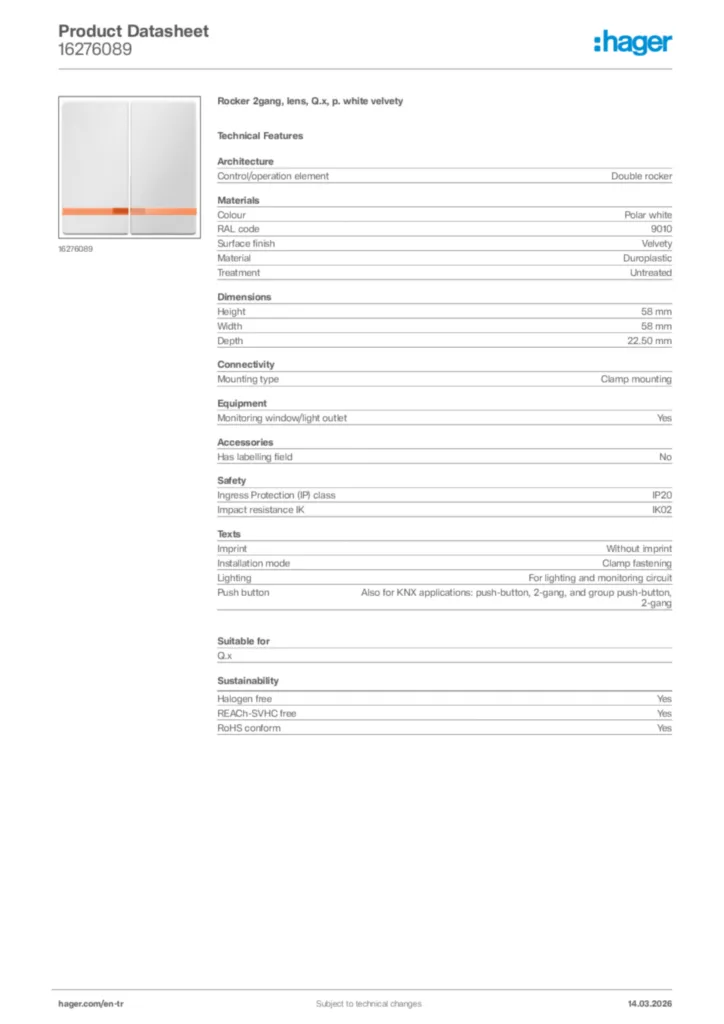 Image Hager Product data sheet 16276089  | Hager