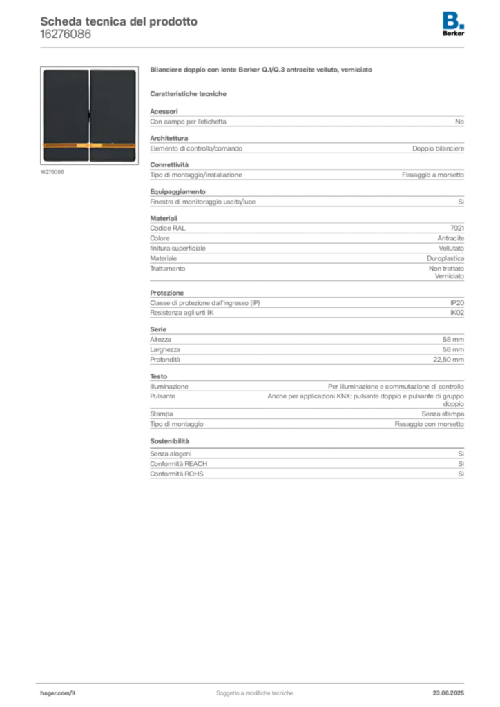 Immagine Berker Scheda tecnica del prodotto 16276086 | Hager Italia