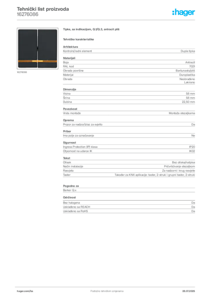 Slika Hager Product data sheet 16276086  | Hager