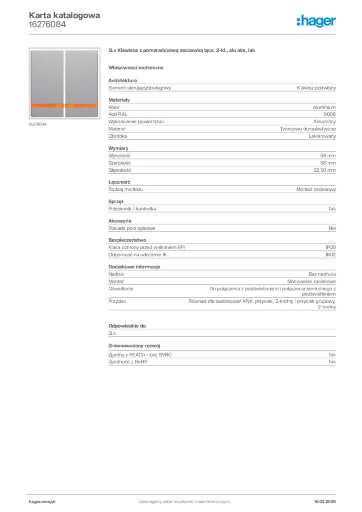 Zdjęcie Hager Karta katalogowa 16276084 | Hager Polska