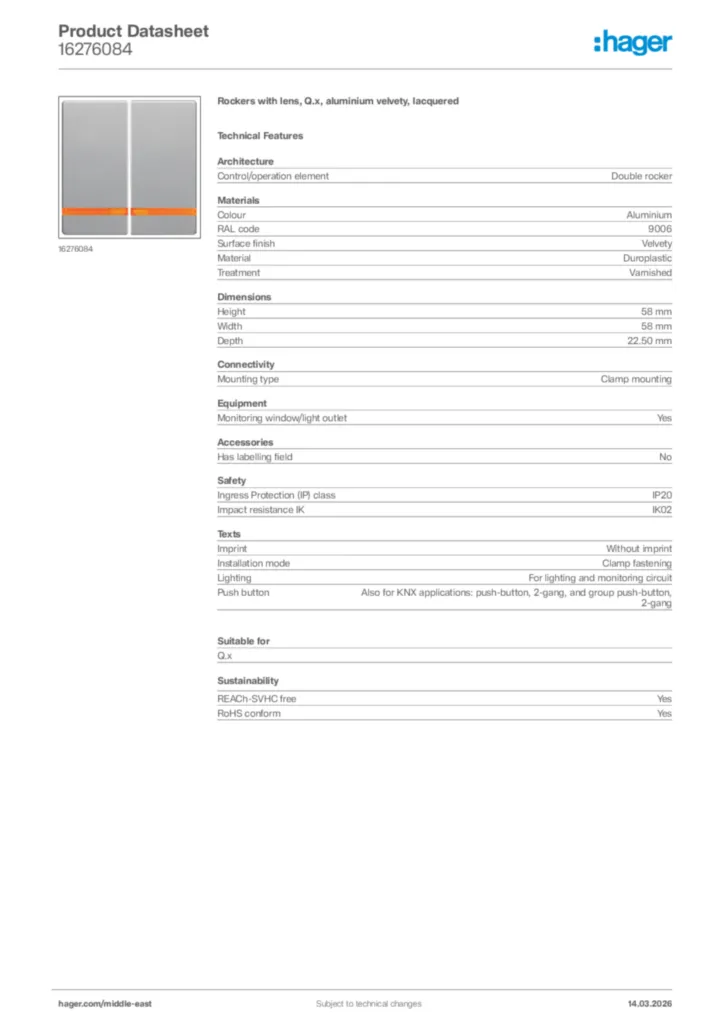 Image Hager Product data sheet 16276084  | Hager