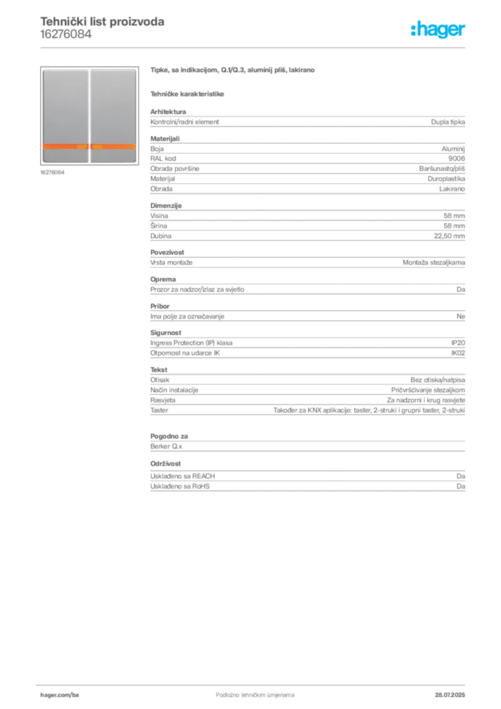 Slika Hager Product data sheet 16276084  | Hager
