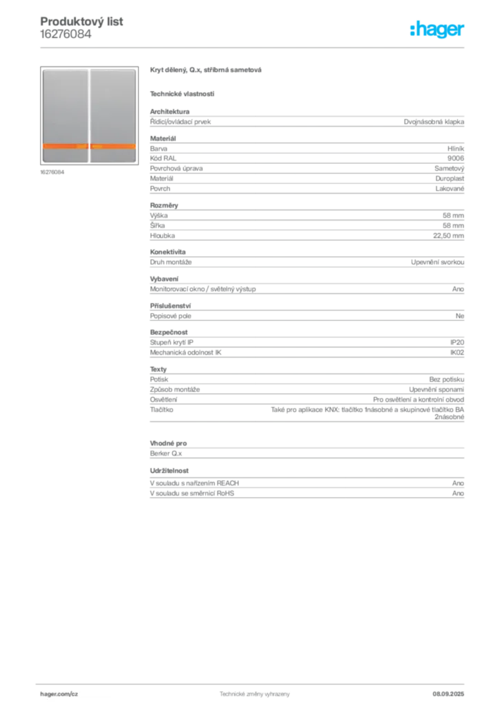 Obrázek Hager Produktový list 16276084 | Hager