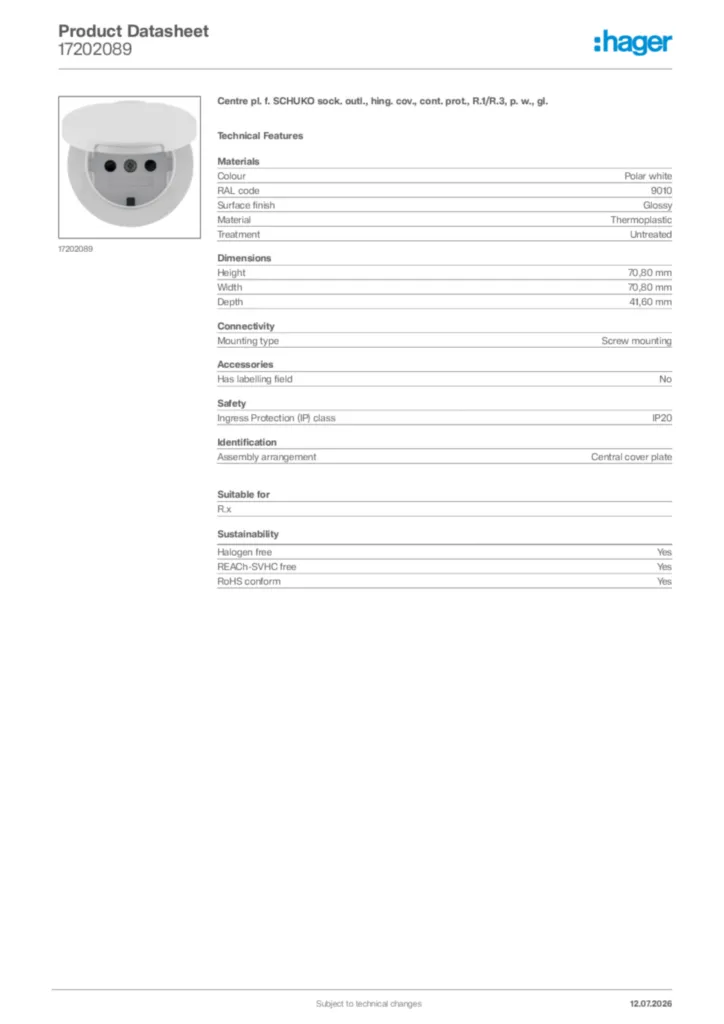 Image Hager Product data sheet 17202089  | Hager
