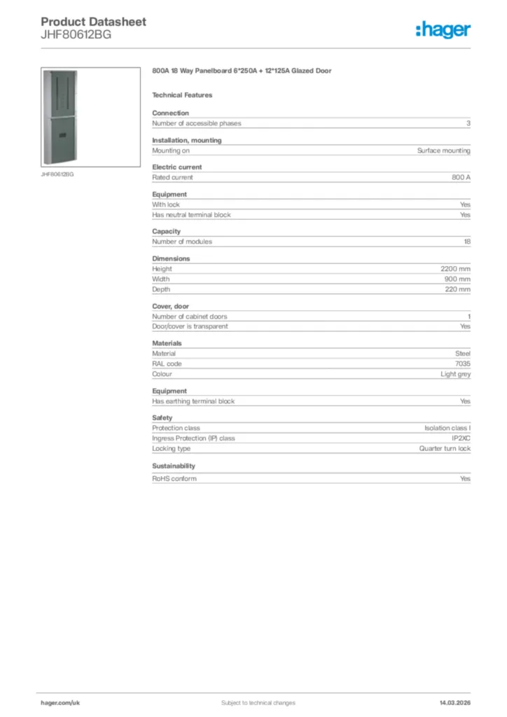 Image Hager Product data sheet JHF80612BG  | Hager
