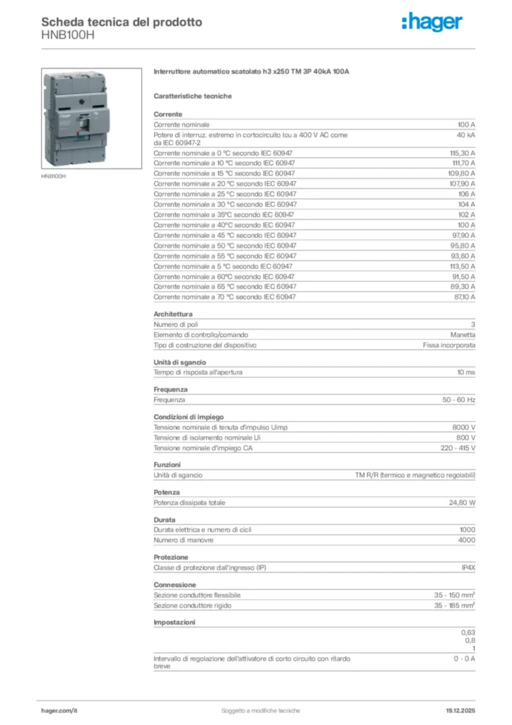 Immagine Hager Scheda tecnica del prodotto HNB100H | Hager Italia