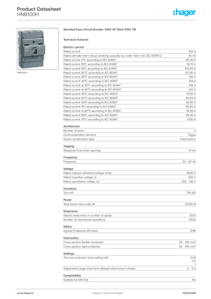 Image Hager Product data sheet HNB100H  | Hager