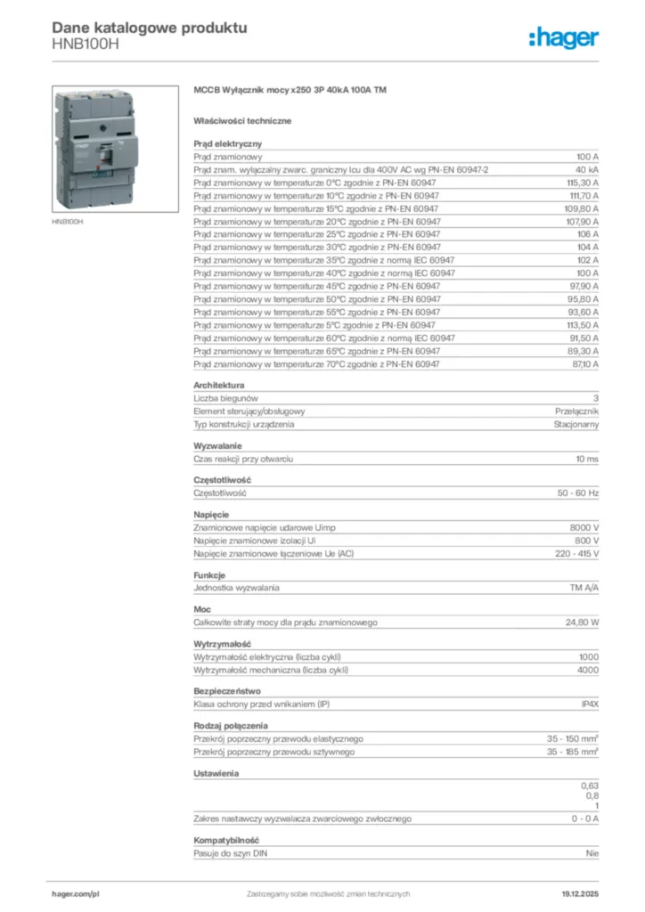 Zdjęcie Hager Karta katalogowa HNB100H | Hager Polska