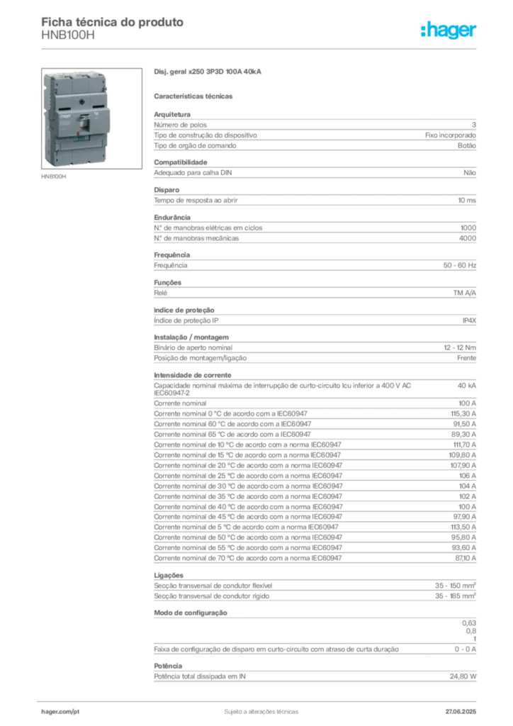 Imagem Hager Ficha técnica do produto HNB100H | Hager Portugal