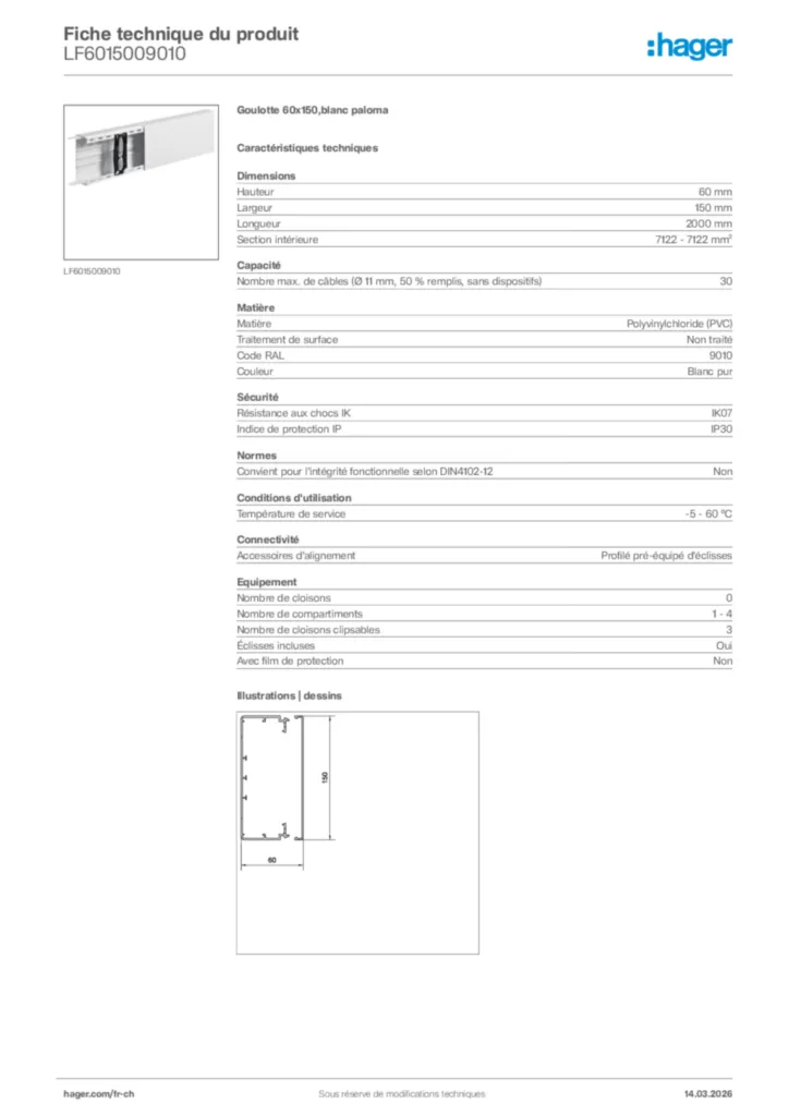 Image Hager Fiche technique du produit LF6015009010 | Hager Suisse
