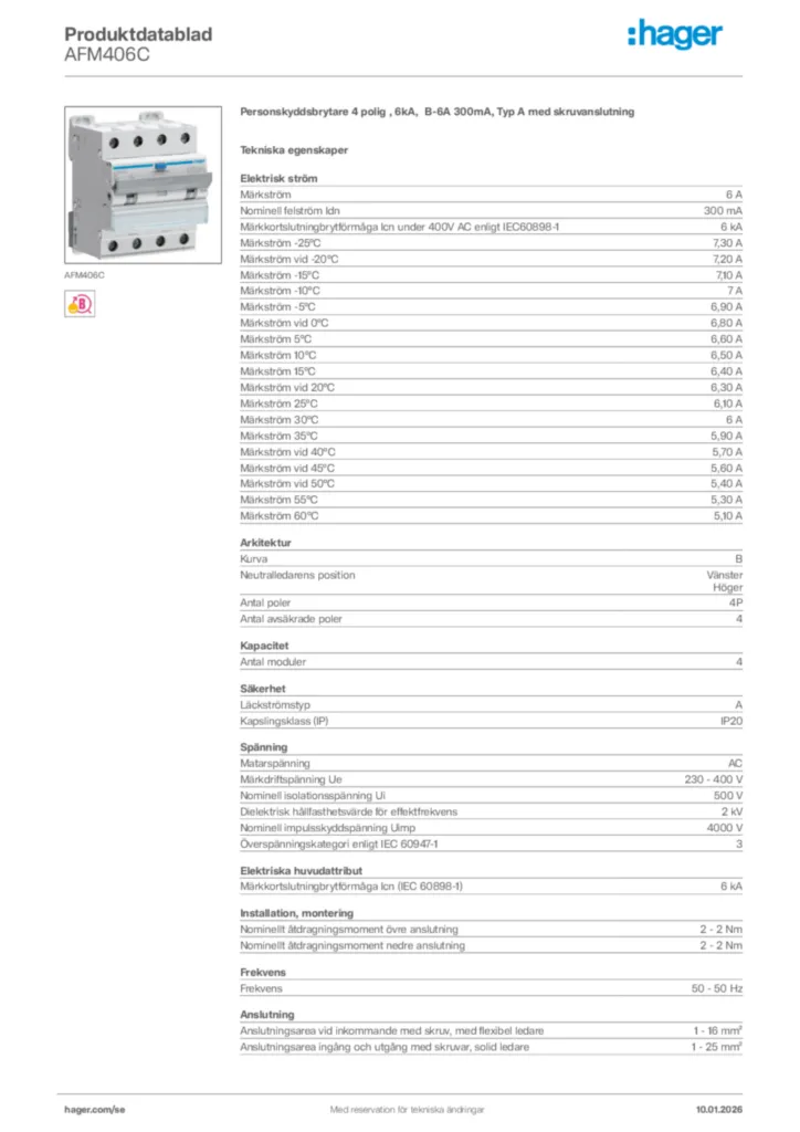Bild Hager Produktdatablad AFM406C | Hager Sverige