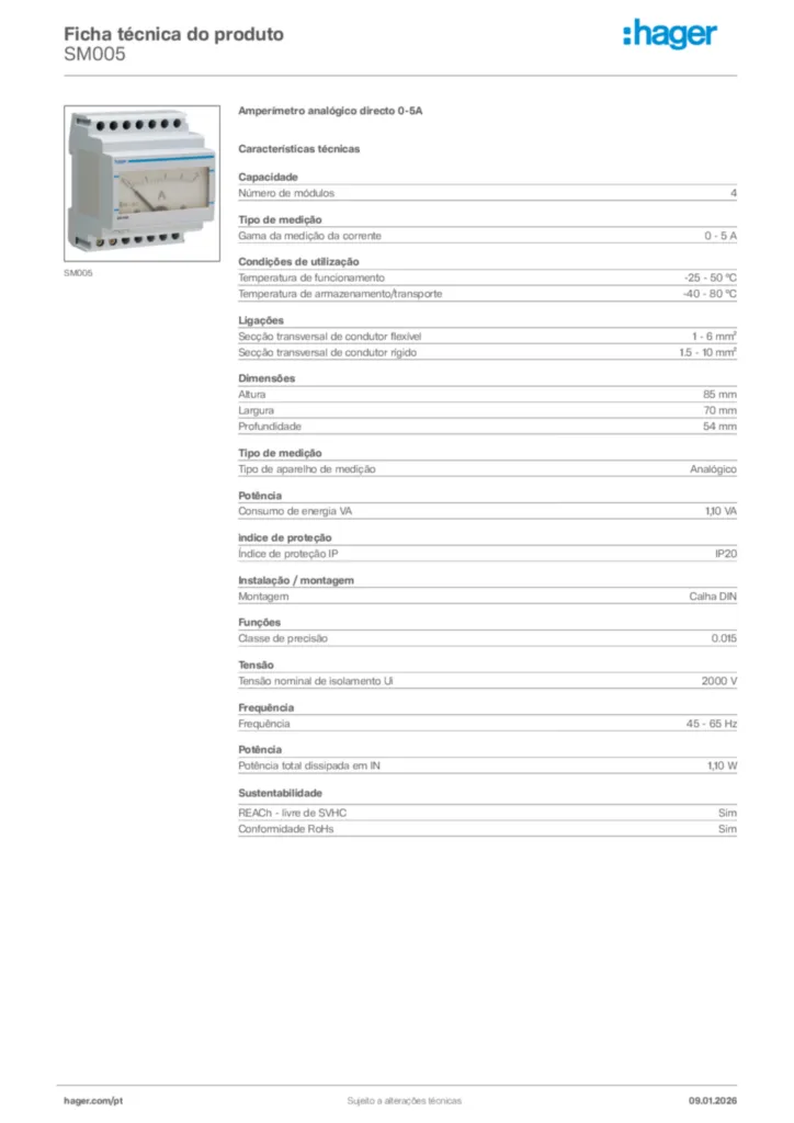 Imagem Hager Ficha técnica do produto SM005 | Hager Portugal