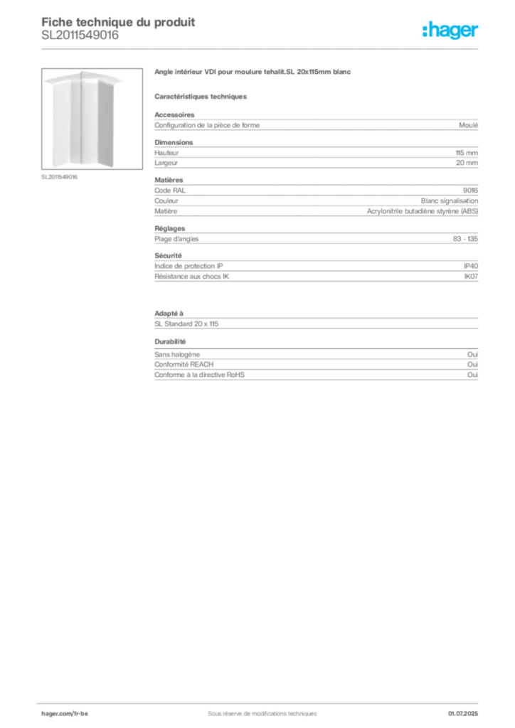 Image Hager Fiche technique du produit SL2011549016 | Hager Belgique