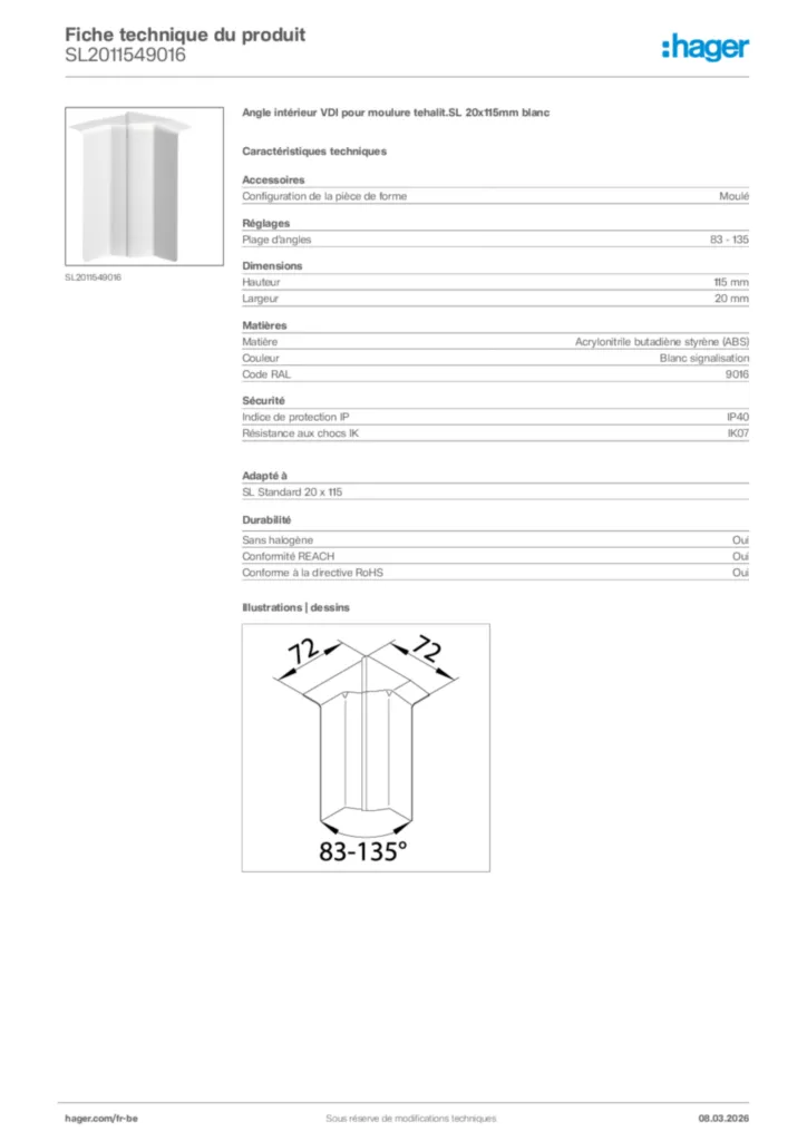 Image Hager Fiche technique du produit SL2011549016 | Hager Belgique