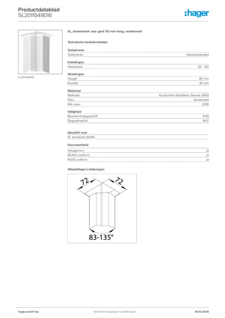 Afbeelding Hager Productdatablad SL2011549016 | Hager Belgium