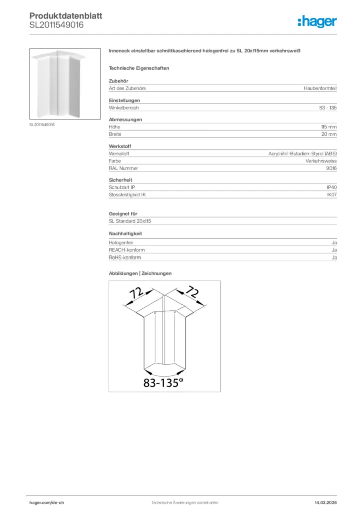 Bild Hager Produktdatenblatt SL2011549016 | Hager Schweiz