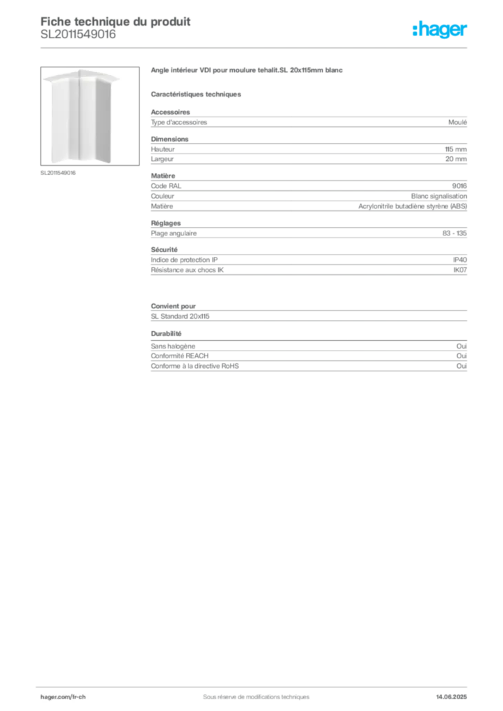 Image Hager Fiche technique du produit SL2011549016 | Hager Suisse